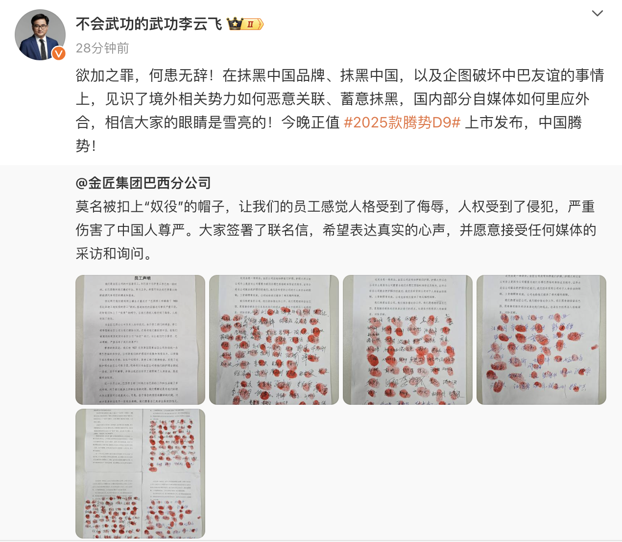 比亚迪李云飞回应巴西工厂施工方遭密集检查：欲加之罪何患无辞