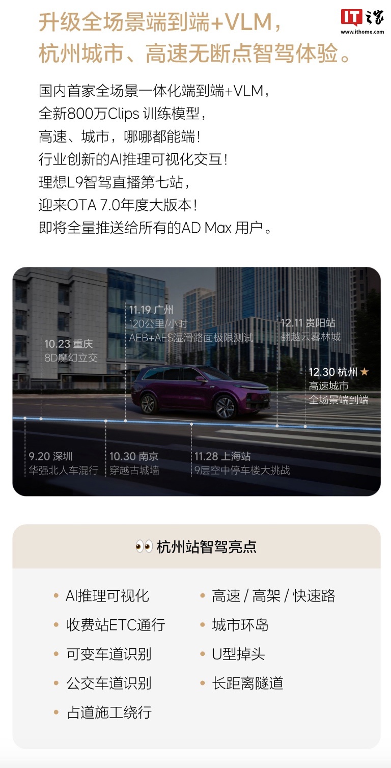 理想汽车 12 月 31 日为 AD Max 用户全量推送 7.0 车机版本升级，引入高速 / 城市全场景升级端到端 + VLM