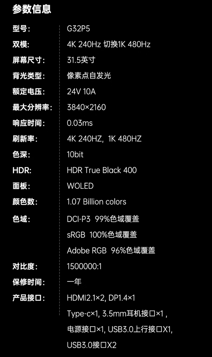 KTC“G32P5”31.5 英寸显示器首销：4K 240Hz / FHD 480Hz 双模 OLED，7499 元