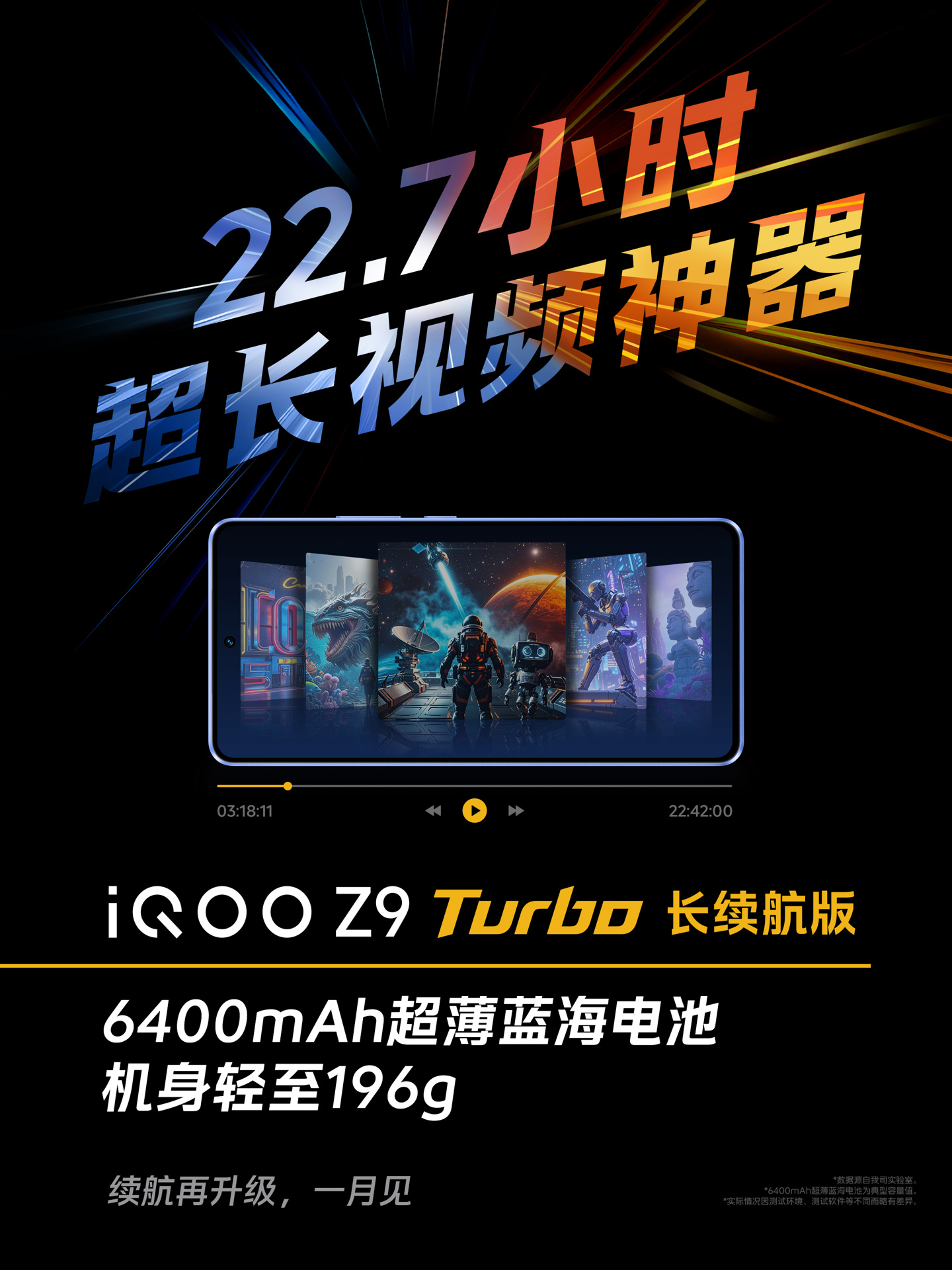 iQOO Z9 Turbo 长续航版手机重 196g、厚 7.98mm，宣称“能连续看 22.7 小时视频”