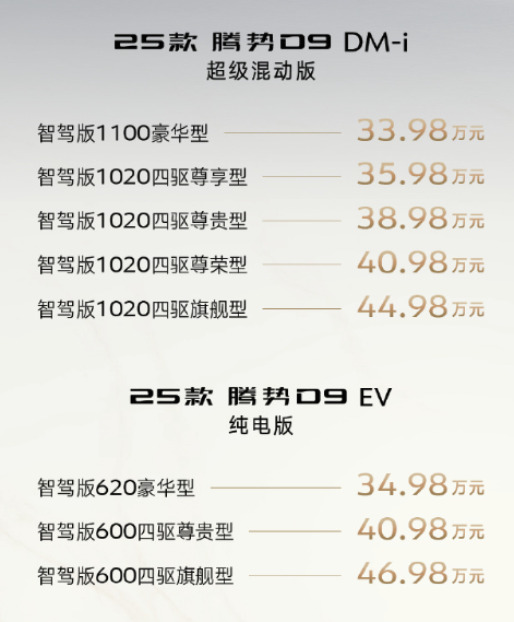 33.98 万元起：2025 款腾势 D9 正式发布上市，全系标配“天神之眼”高阶智驾、云辇-C 智能阻尼悬架等