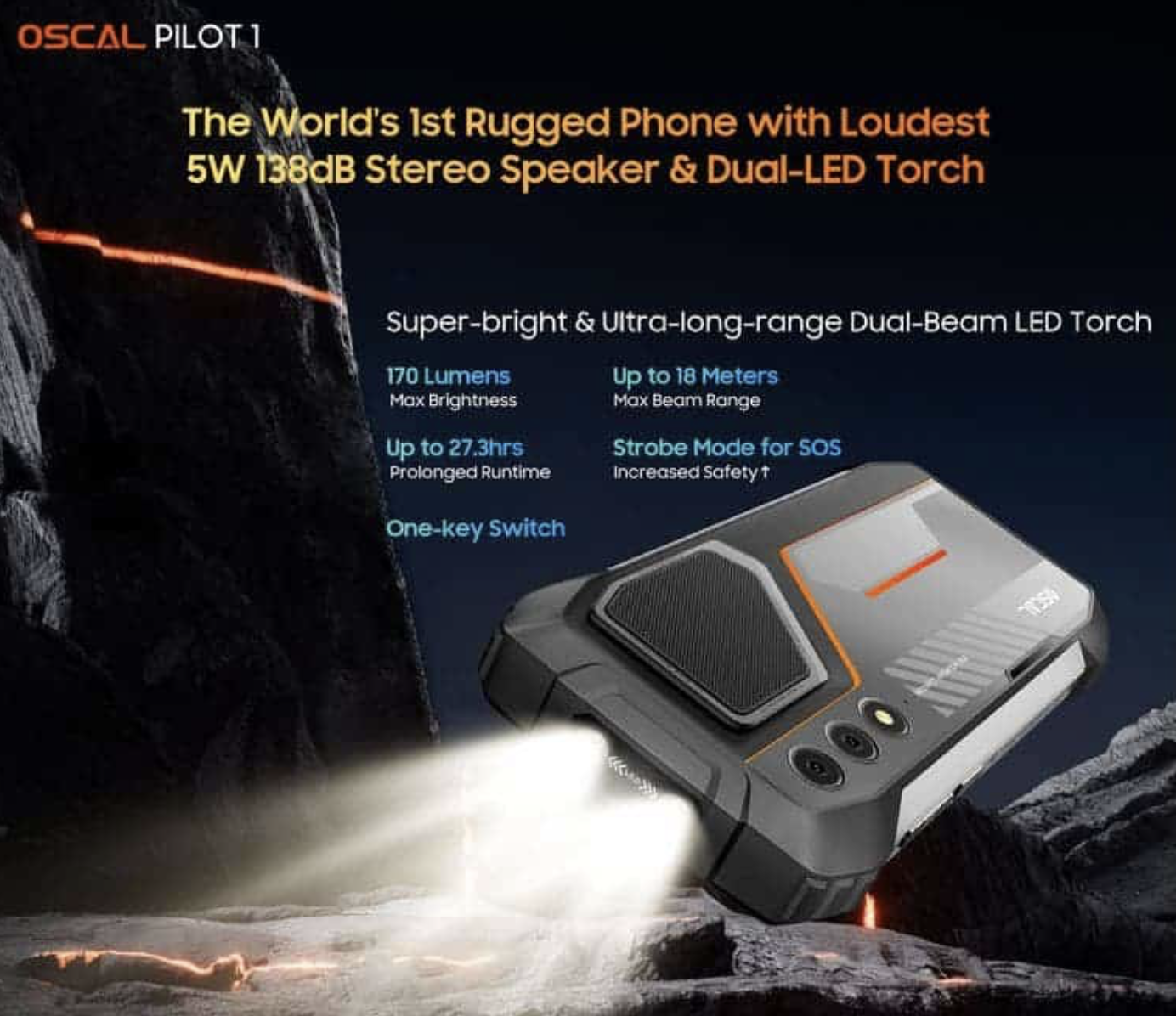 OSCAL PILOT 1 三防手机发布：配 5W 扬声器覆盖 25 米音域、集成 170 流明亮度 LED 手电筒