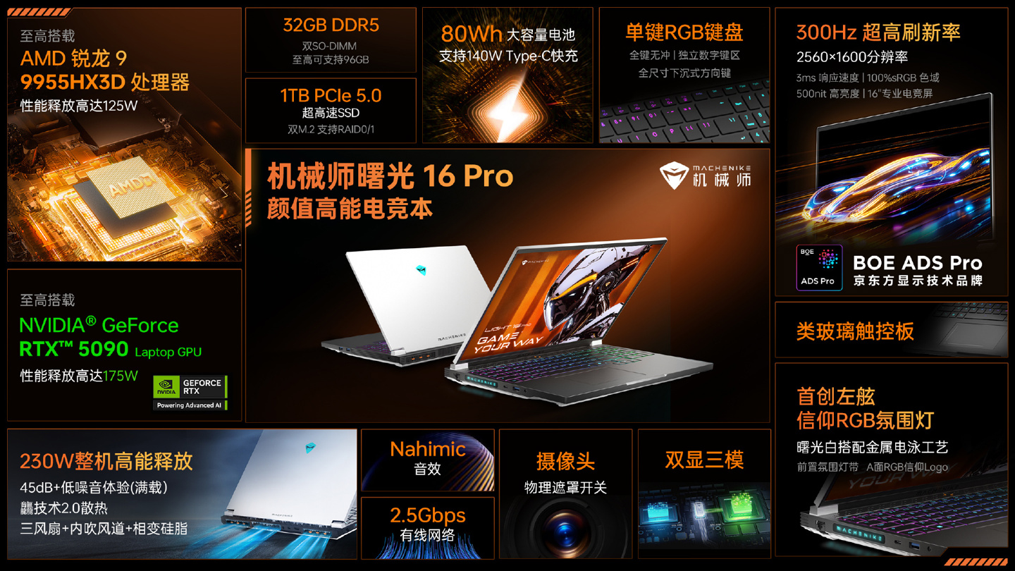 首发 AMD 锐龙 9 9955HX3D 处理器，机械师 2025 款曙光 16 Pro 游戏本全配置公布