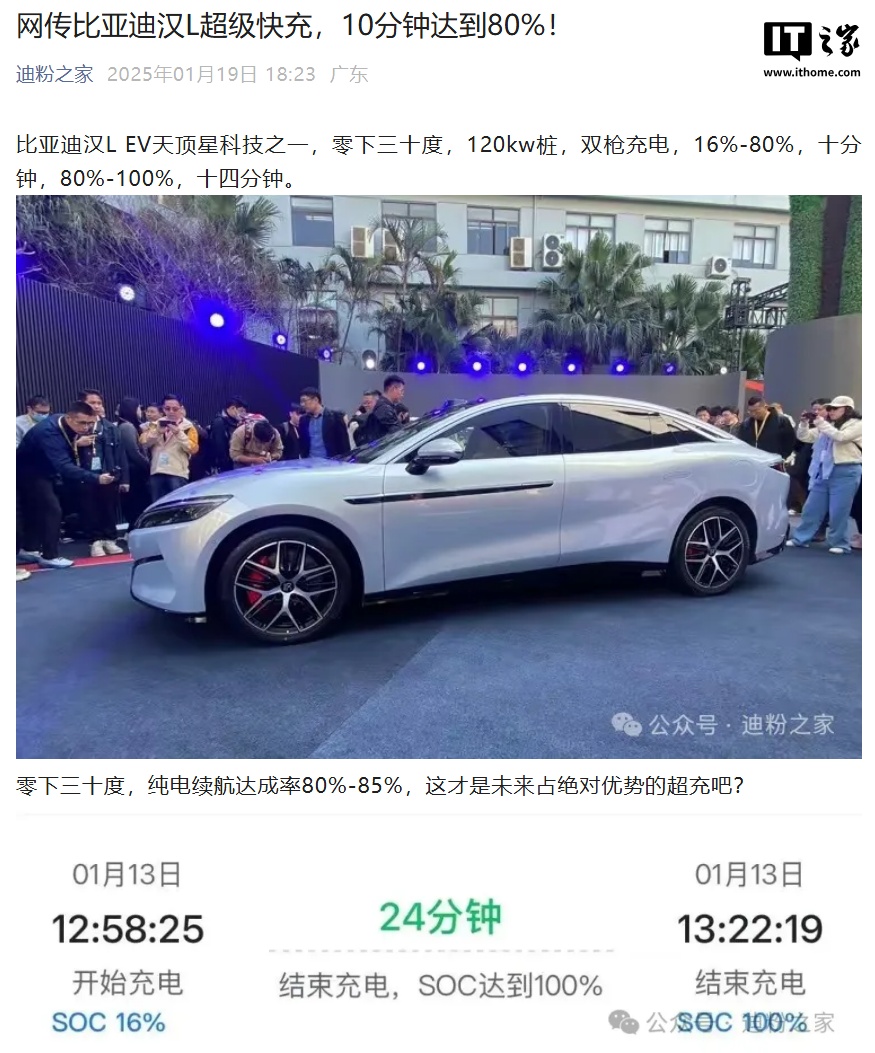 -30℃ 极寒 24 分钟充满、30500rpm 超强电机，比亚迪汉 L 汽车超级快充实测曝光