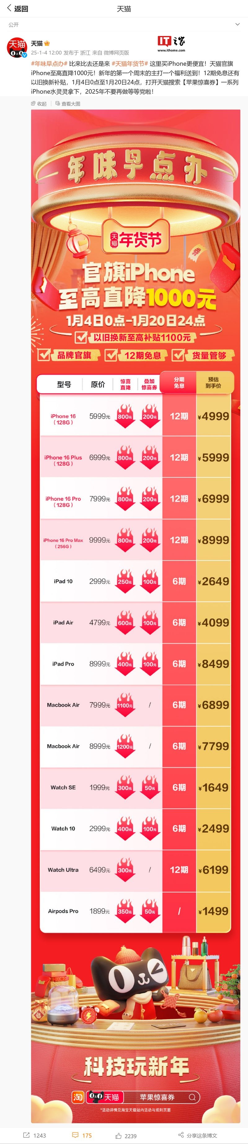 iPhone 16 系列成苹果降价最快机型，天猫官旗至高直降 1000 元