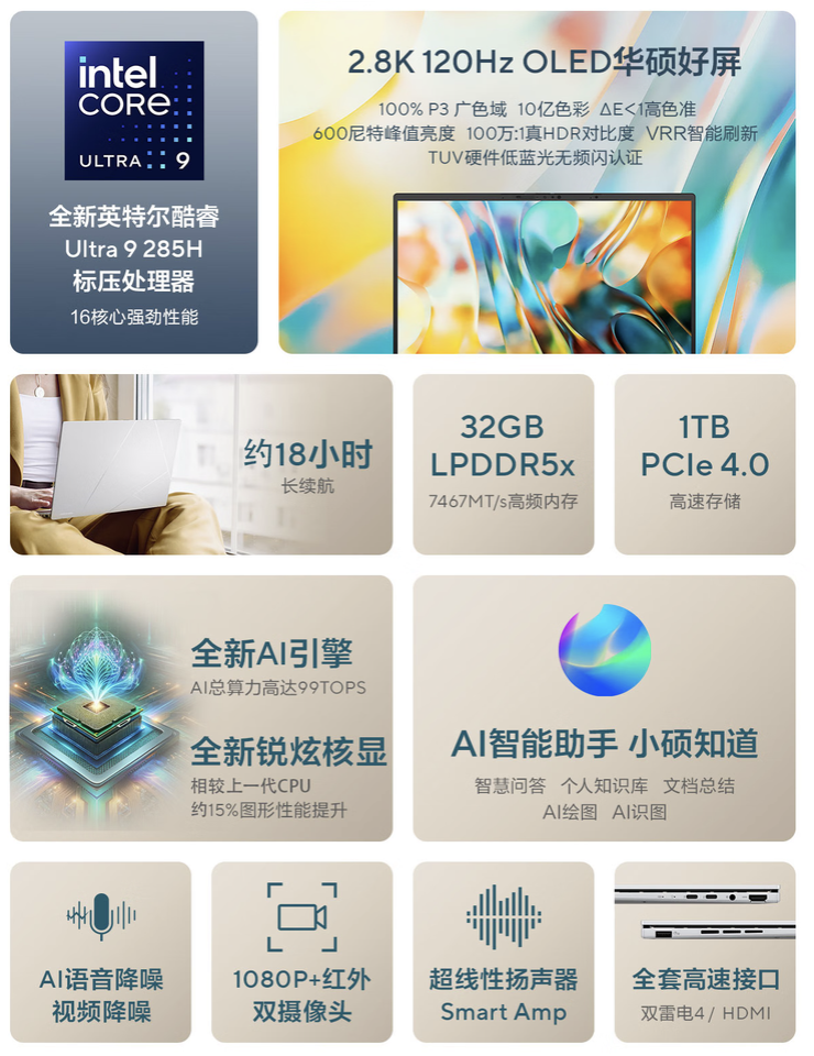 2025 款华硕灵耀 14 笔记本发布：陶瓷铝设计、酷睿 Ultra 9-285H + 32G + 1T 售 7499 元