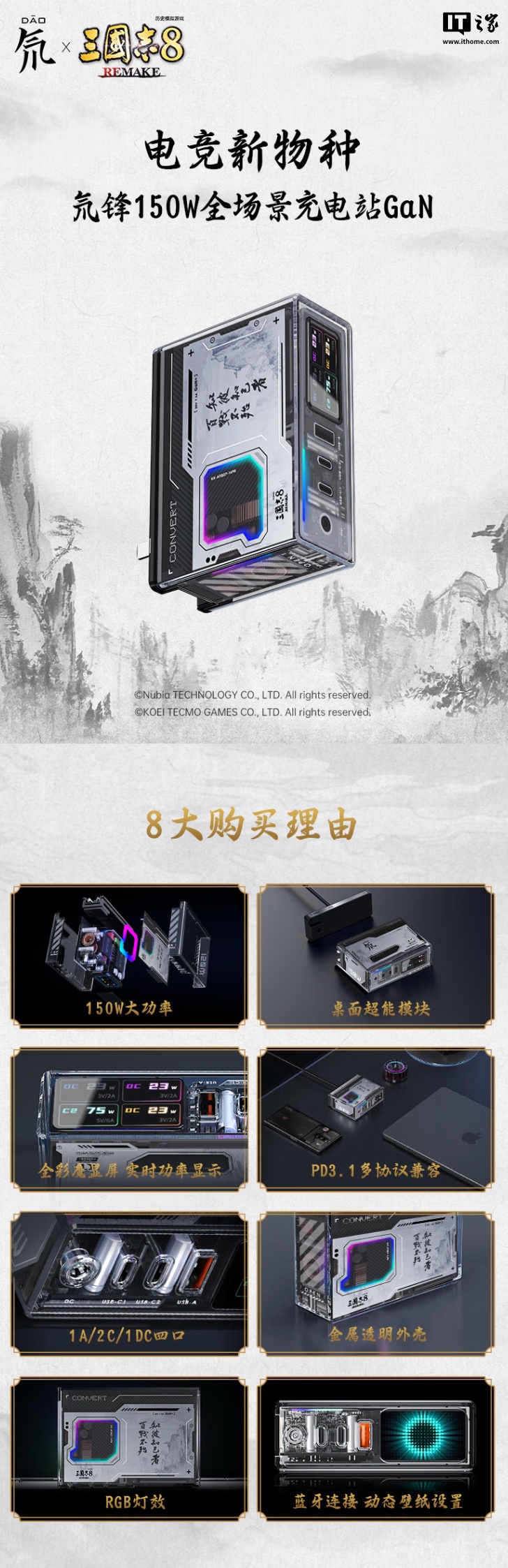 努比亚红魔 150W 氘锋腾龙版带屏充电头新增《三国志 8》游戏联名版：1A + 2C + 1DC，999 元