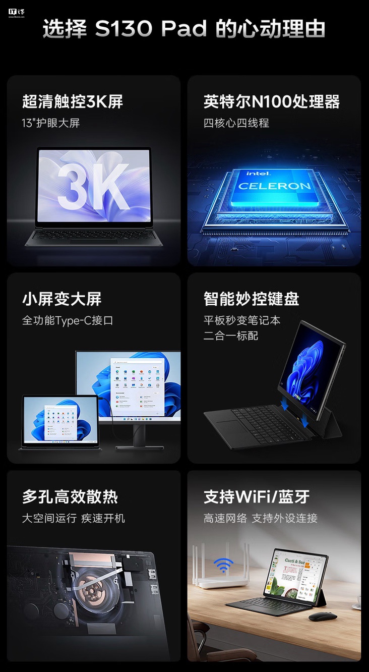 联想异能者 S130 二合一 Windows 平板首销：英特尔 N100 带 3K 分辨率面板，2899 元起