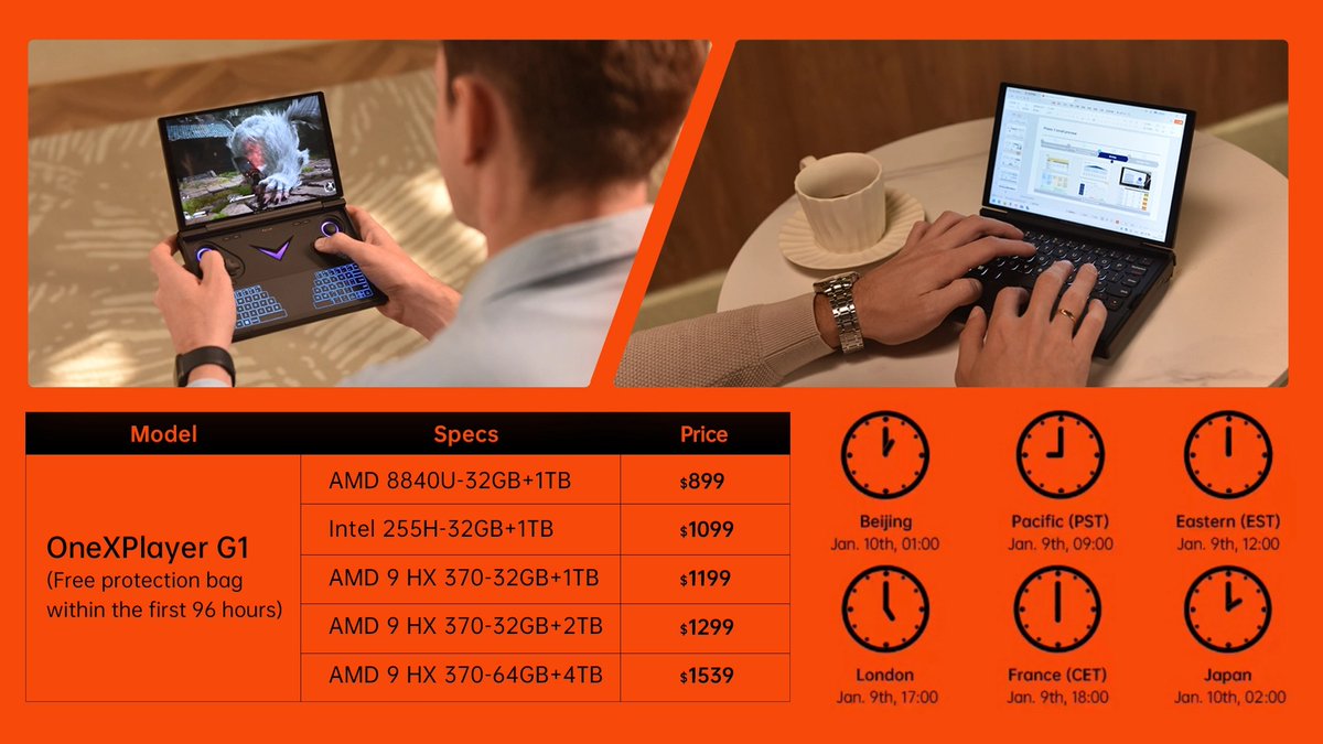 OnexPlayer G1 mini 游戏本国行“即将推出”：AMD / 英特尔双版本、隐藏式游戏手柄设计