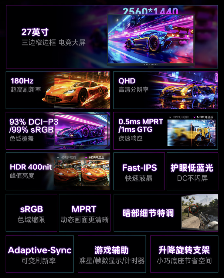 机械师推出“MJQ27F180L”27 英寸显示器：2K 180Hz，849 元