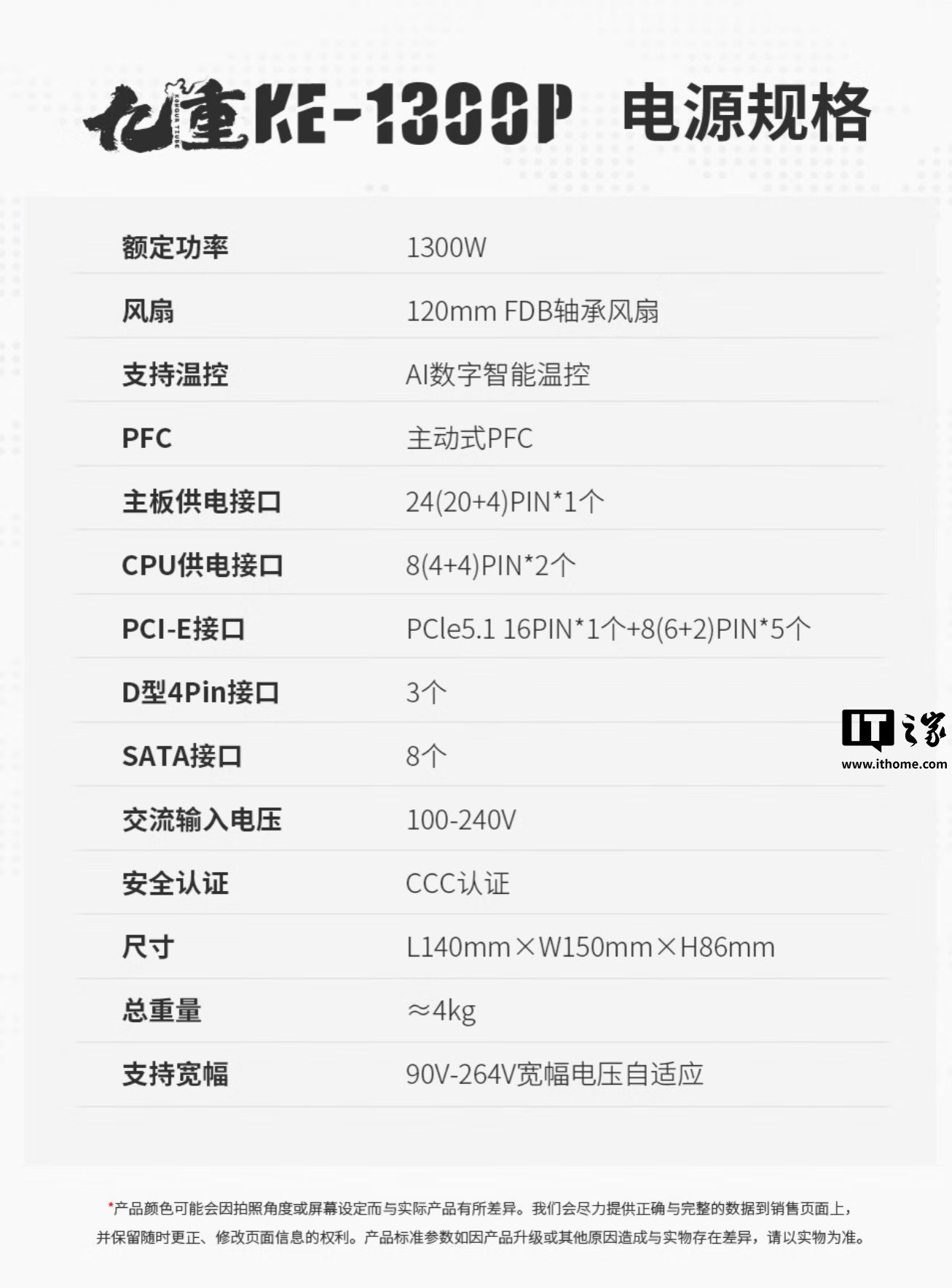 鑫谷昆仑九重 KE-1300P 电源推出黑色版本：额定功率 1300W、80PLUS 白金认证、数字化设计，1599 元