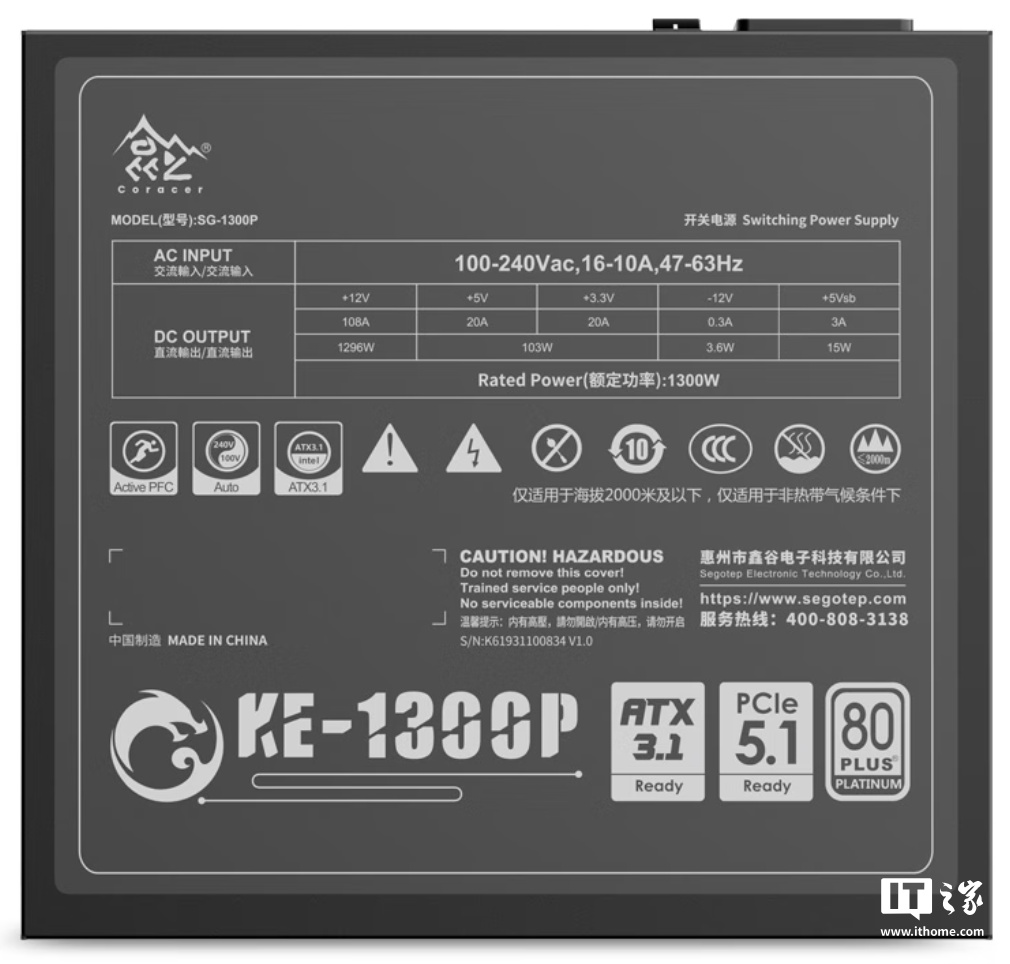 鑫谷昆仑九重 KE-1300P 电源推出黑色版本：额定功率 1300W、80PLUS 白金认证、数字化设计，1599 元
