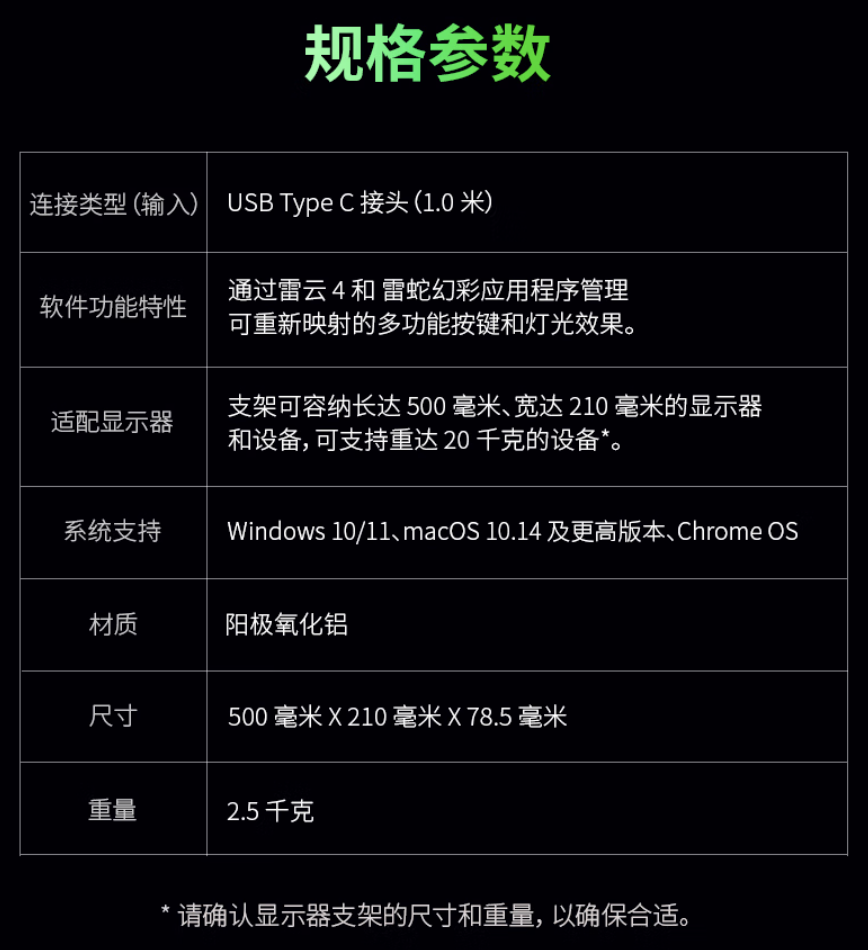 雷蛇显示器幻彩增高架国行上架：配 2A + 1C + 可映射按键，1599 元