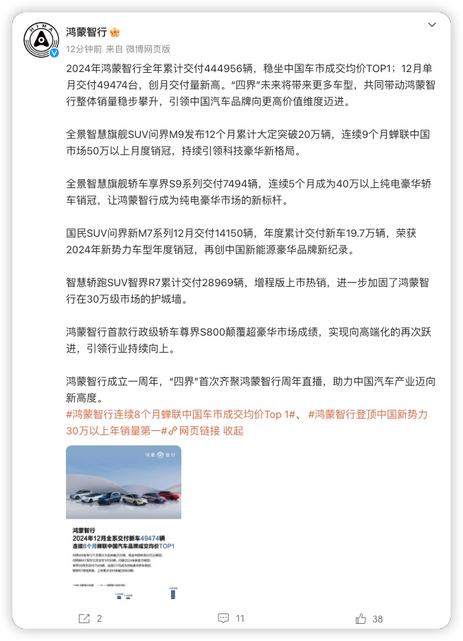 鸿蒙智行全年累计交付超 44 万辆