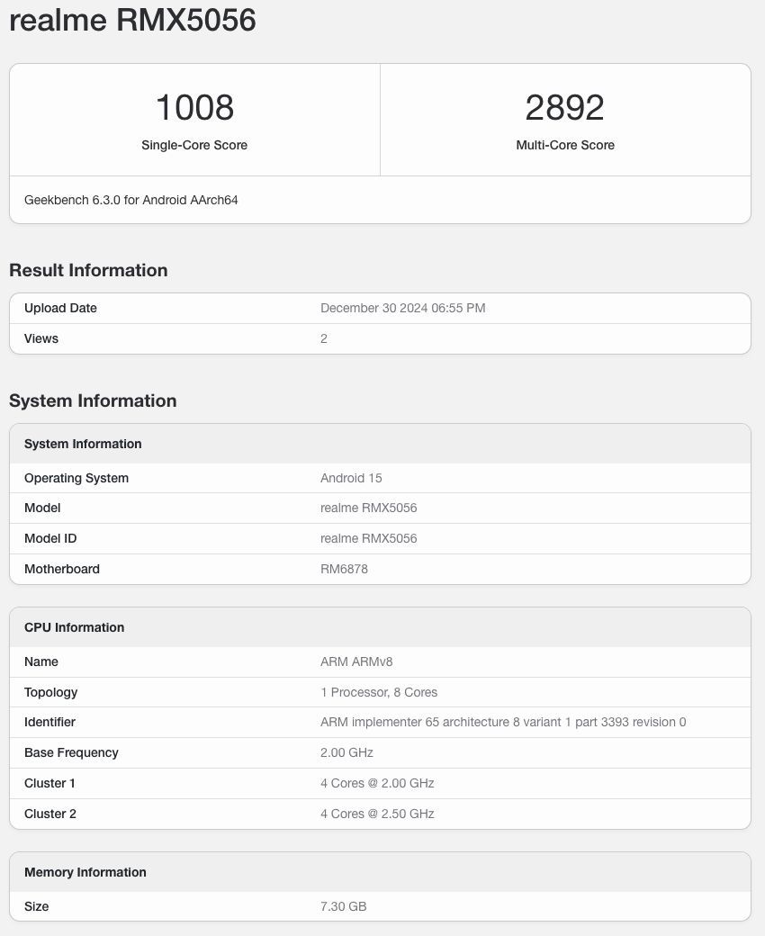 RMX5056 手机跑分曝光：天玑 7300 芯片，预计为 realme 真我 14 Pro