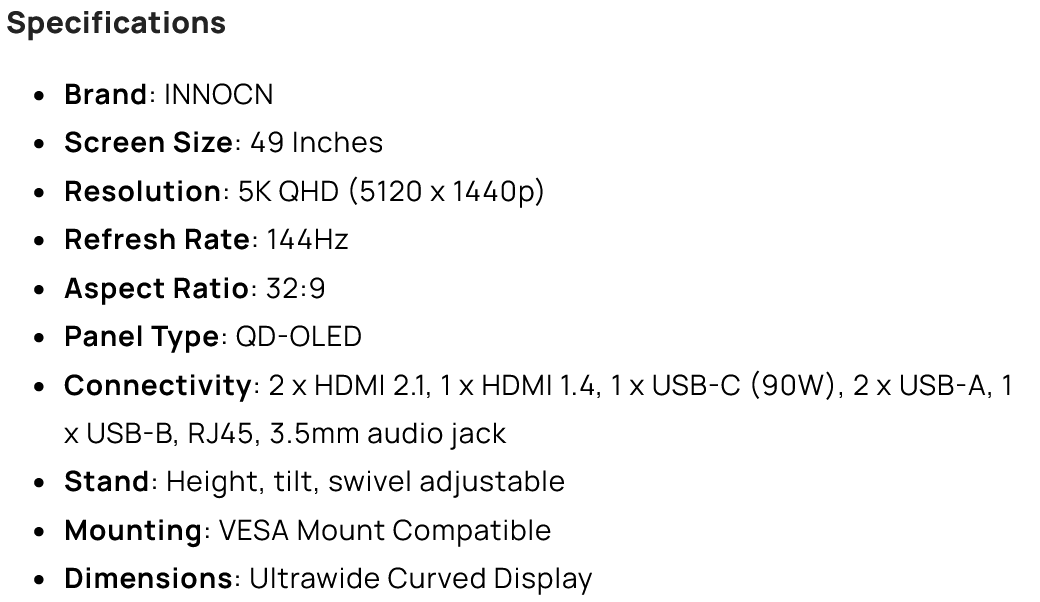 联合创新海外推出 DQHD 曲面 OLED 显示器 49Q1R：144Hz，999.99 美元