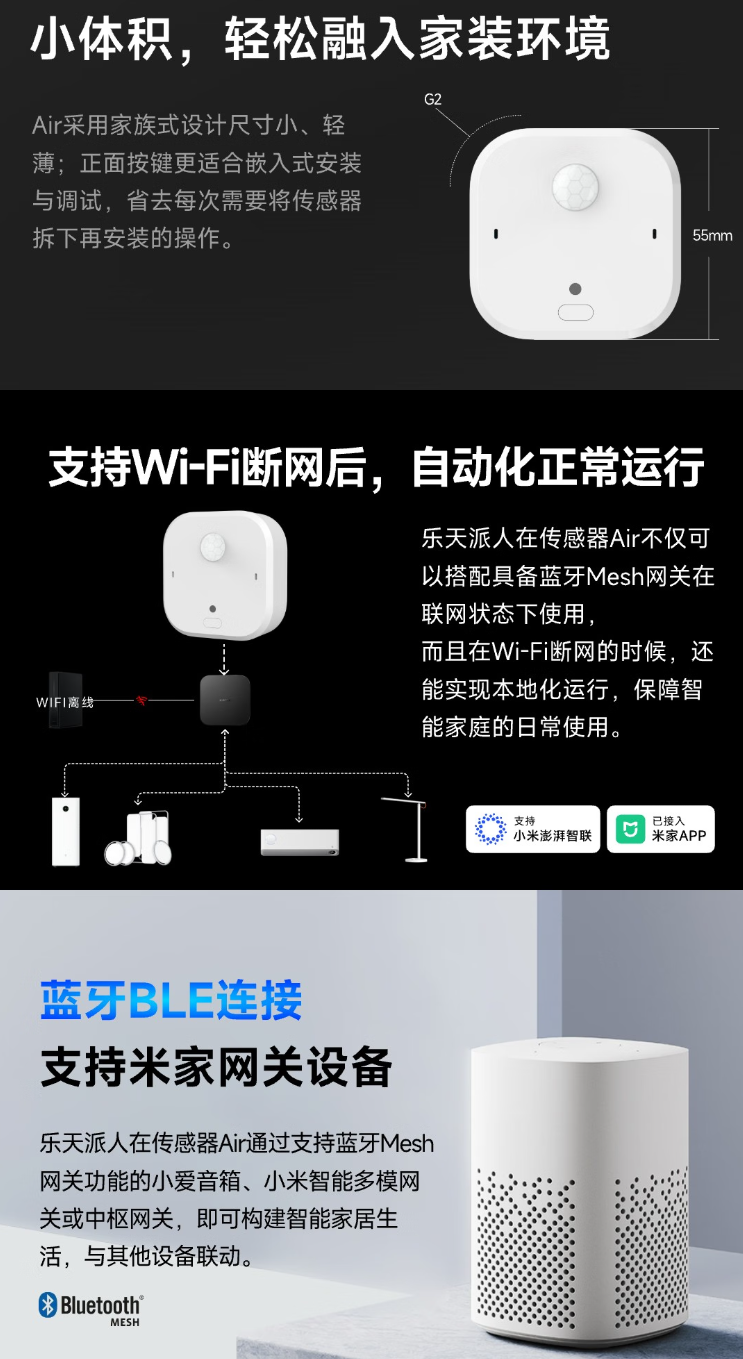 乐天派人体存在传感器 Air 发售：支持小米澎湃智联、130° 广角检测，139 元