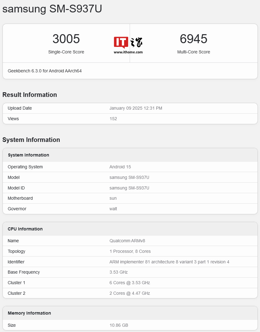 三星最薄旗舰 Galaxy S25 Slim 手机跑分首曝：4.47 GHz 超频版骁龙 8 至尊版芯片