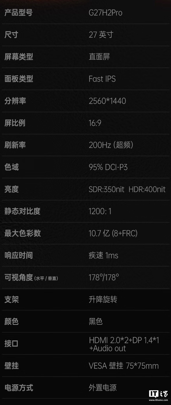 HKC“G27H2Pro”27 英寸显示器首销：2K 200Hz，1049 元