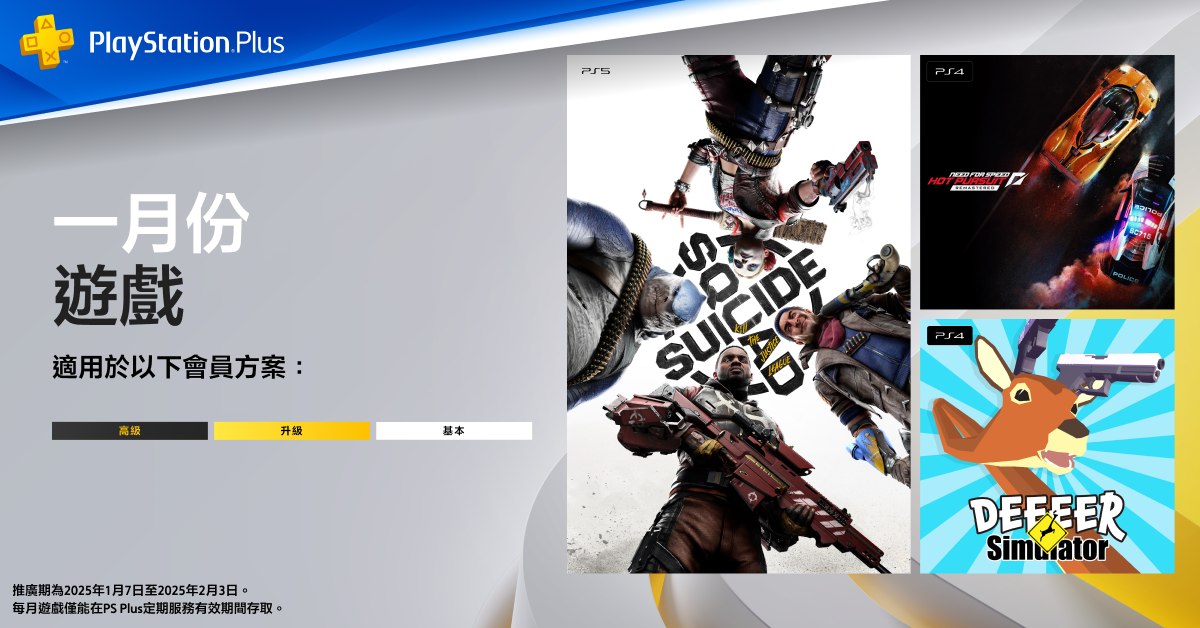 索尼 PS Plus 1 月会免游戏公布《自杀小队：战胜正义联盟》《极品飞车 14 重制版》等