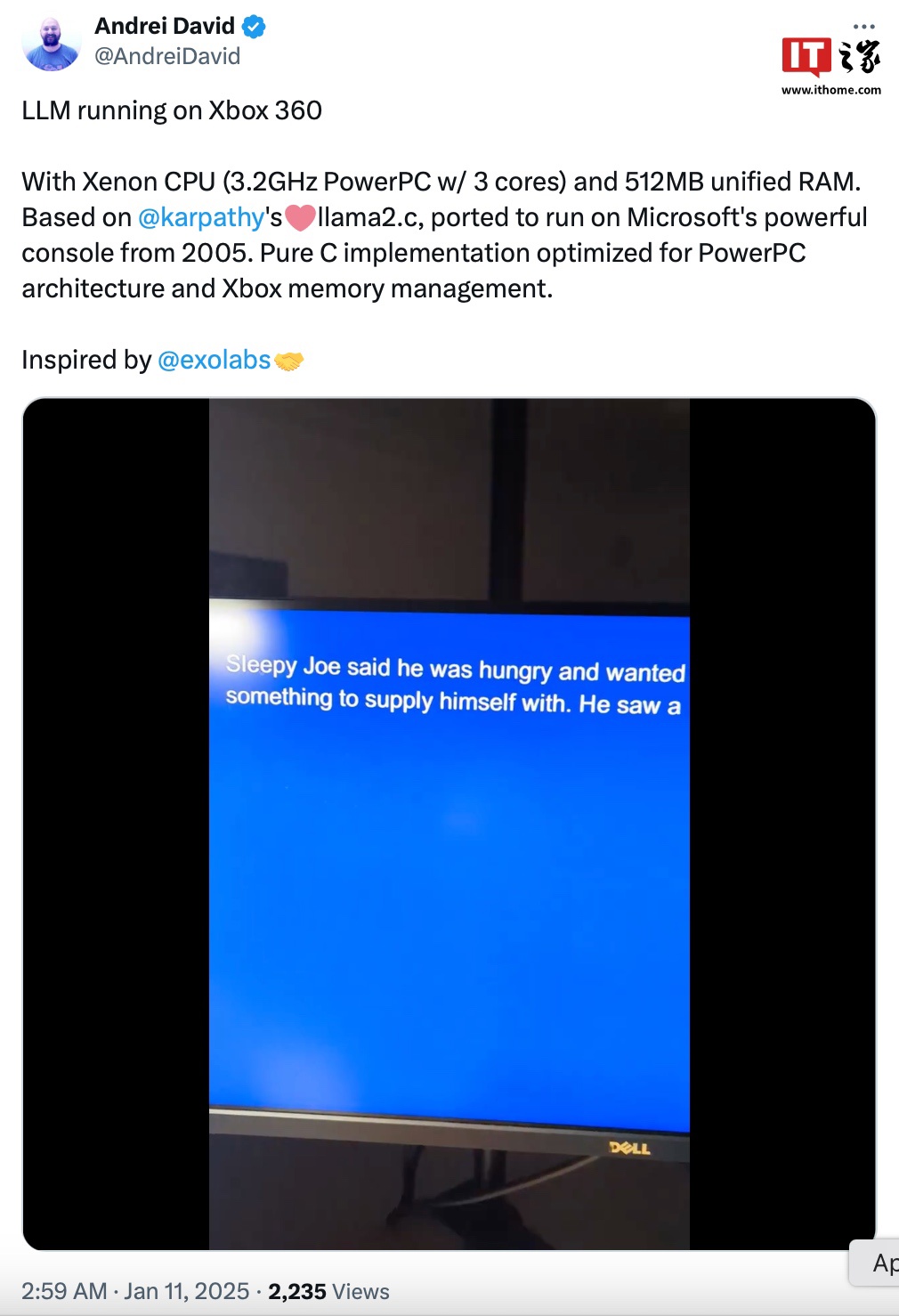 20 年前的古董微软 Xbox 360 游戏机成功运行 Llama2.c AI 模型：搭三核 PowerPC 处理器、512MB RAM
