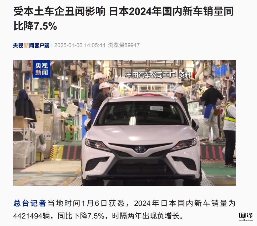日本去年国内新车销量同比降 7.5%：受本土车企丑闻影响时隔两年出现负增长