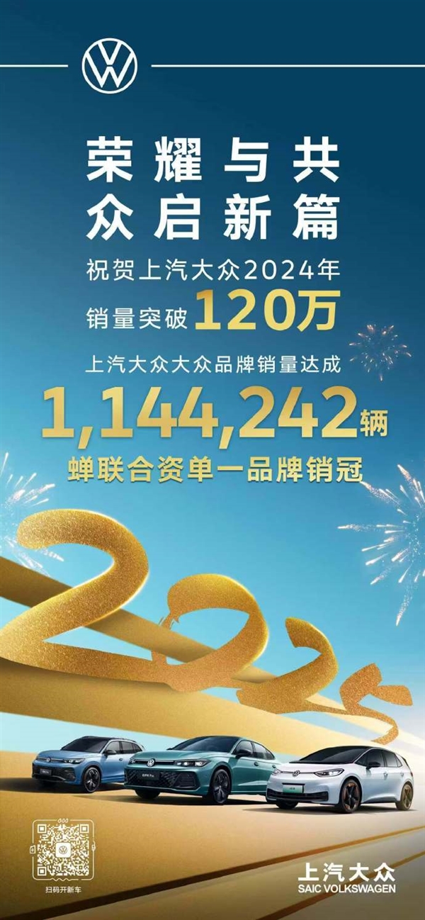 蝉联合资单一品牌销冠！上汽大众2024年销量突破120万大关