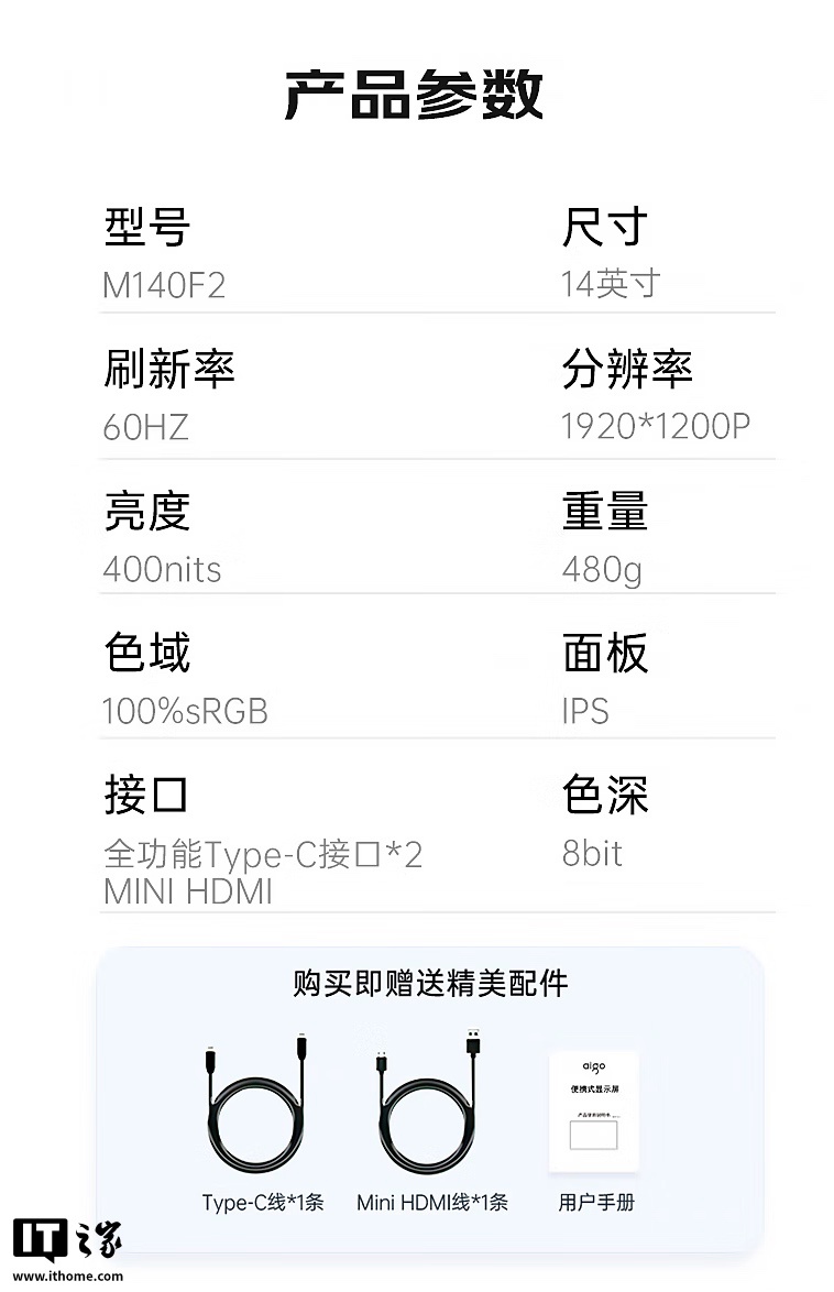 爱国者推出 14 英寸便携屏：1080P 60Hz、480 克重量，329 元