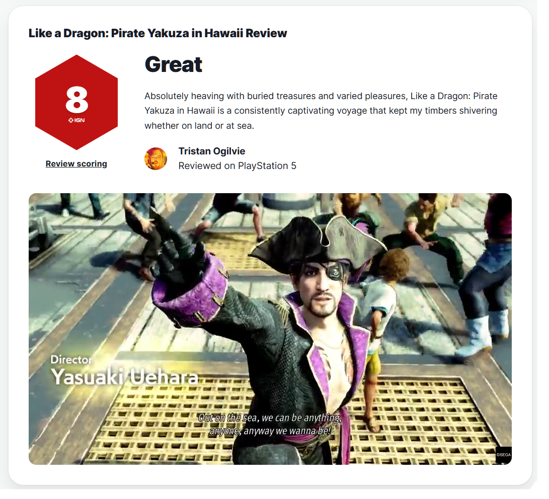 《人中之龙 8 外传：夏威夷海盗》评分解禁：M 站均分 79，IGN 给出 8 分