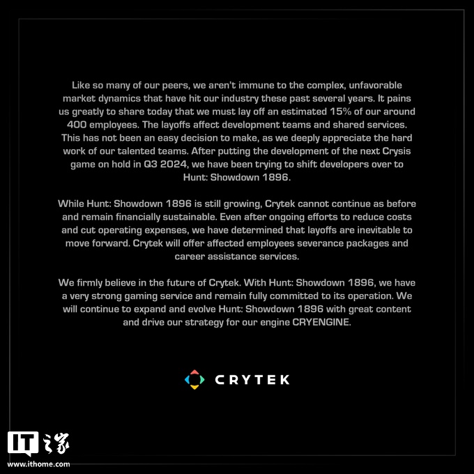 游戏开发商 Crytek 宣布裁员 15%，《孤岛危机 4》暂停开发