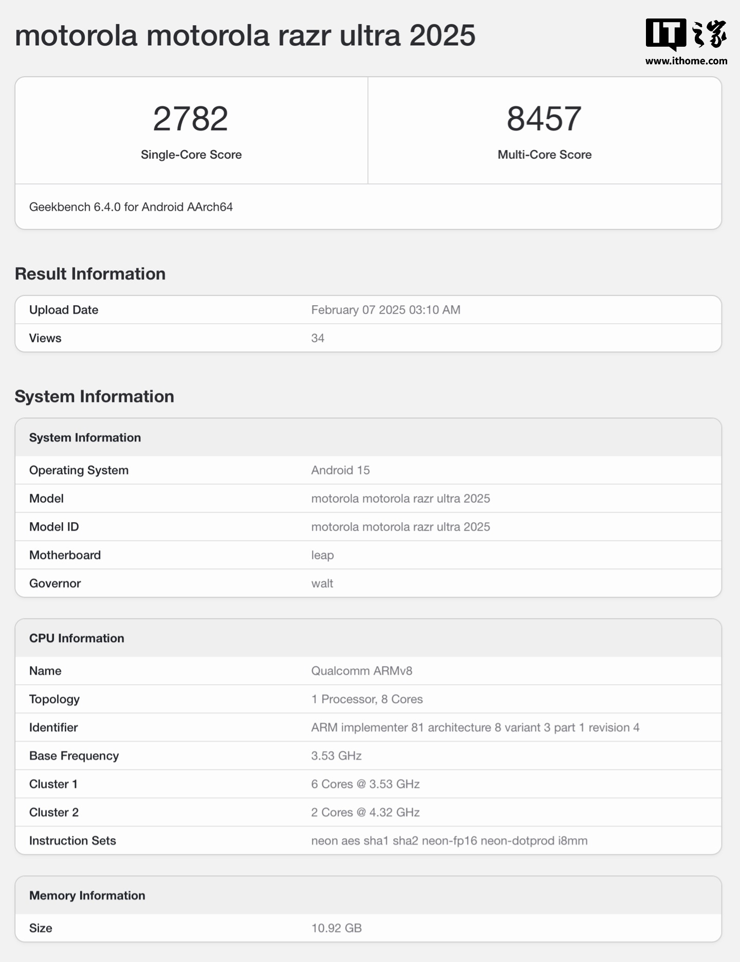 联想 moto razr Ultra 2025 小折叠手机现身 Geekbench 跑分库：骁龙 8 至尊版、配 12GB RAM