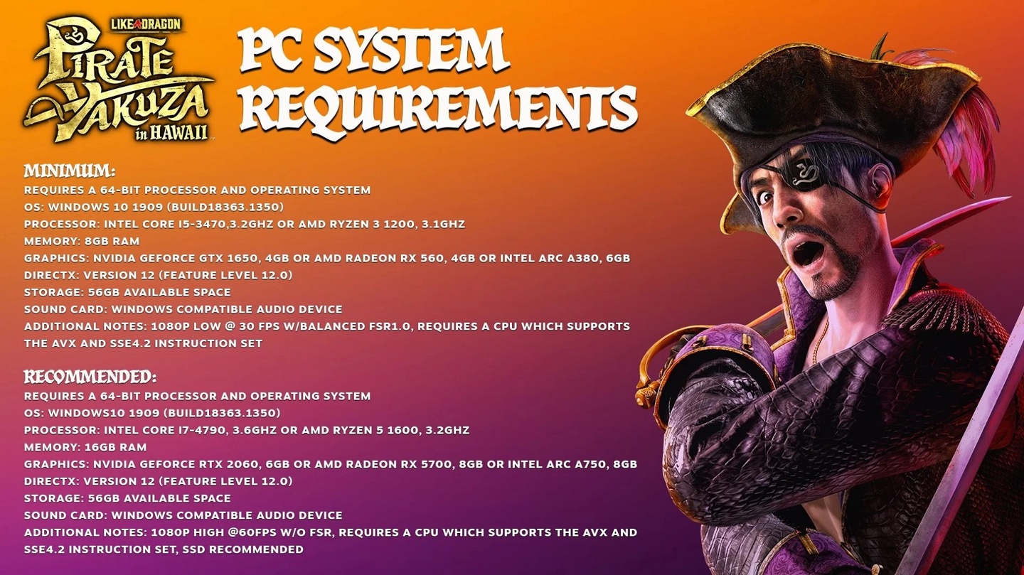 《人中之龙 8 外传：夏威夷海盗》游戏配置要求公布：GTX1650 / RX560 起步