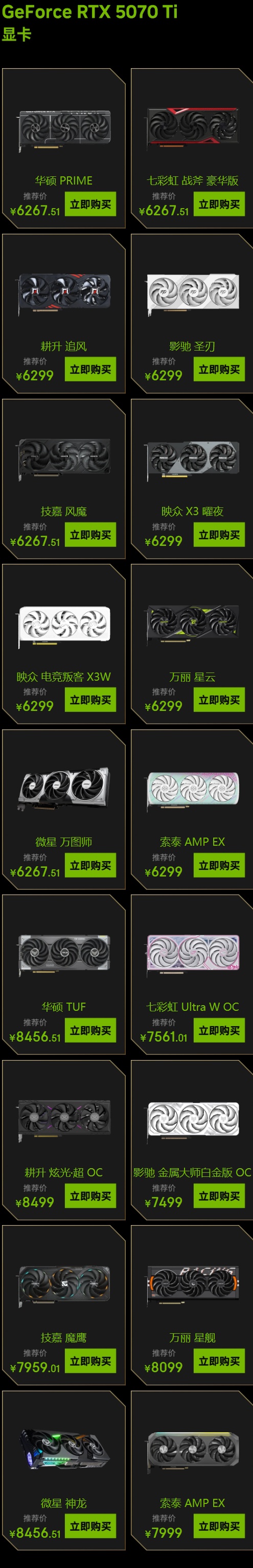 各厂商 RTX 5070 Ti 显卡正式发售：普遍无货