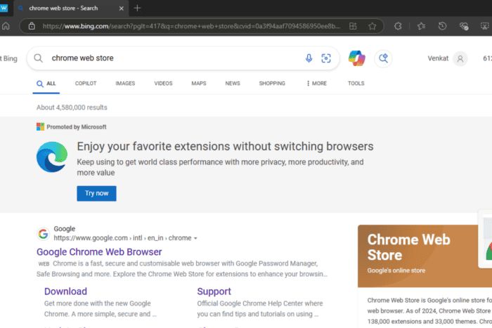 微软“围堵”谷歌浏览器：Bing 搜索“Chrome Web Store”跳推荐 Edge 横幅