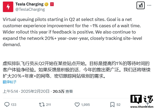 特斯拉宣布将试点超充站虚拟排队，继续以每年 20% 以上速度扩大充电网络