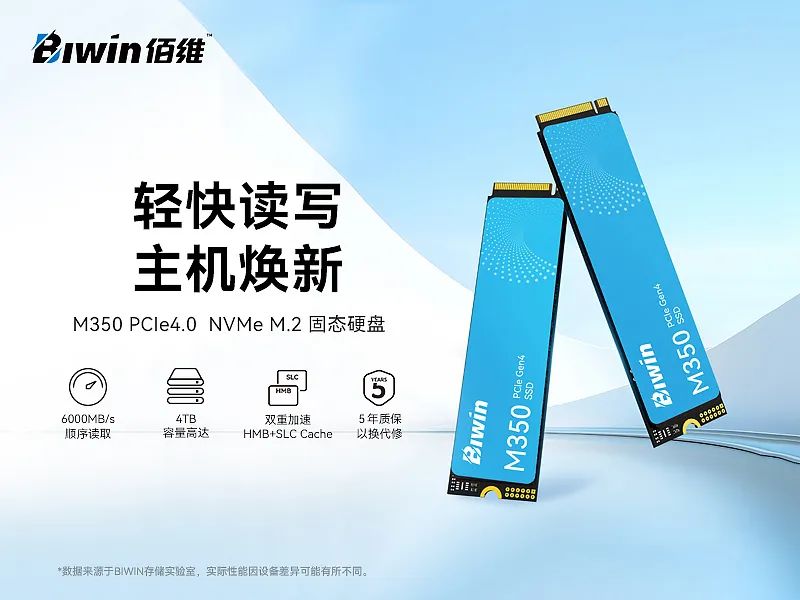 佰维发布入门级 PCIe 4.0 固态硬盘 M350 ：单面 M.2，6000MB/s 顺序读取