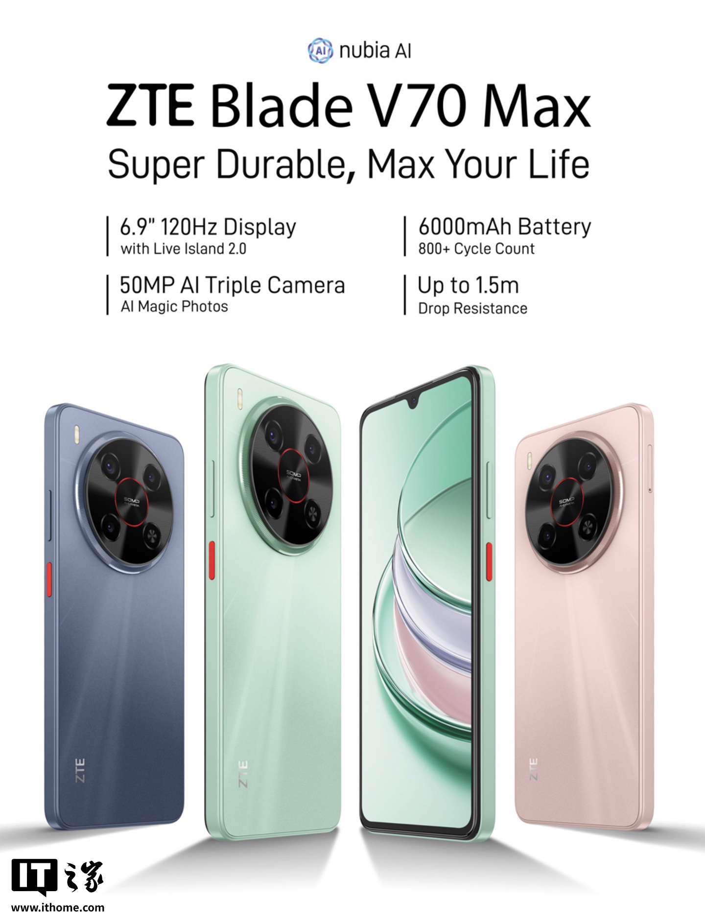 中兴海外官网上架努比亚 Blade V70 Max 手机：“类灵动岛”设计，展锐 T606 + 4GB RAM