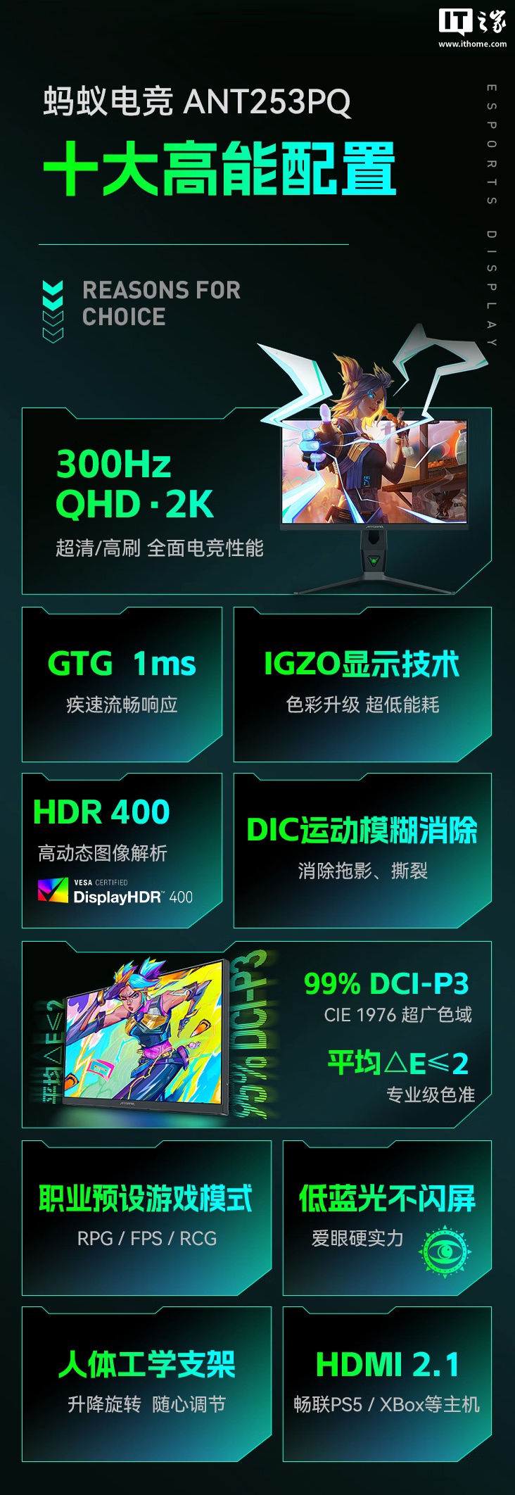 HKC 蚂蚁电竞“ANT253PQ”24.5 英寸显示器首销：2K 300Hz，1799 元