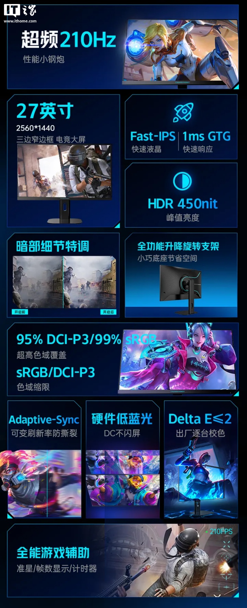 2K 210Hz 屏首发价 899 元，雷神黑武士电竞显示器 ZQ27F210L 发布
