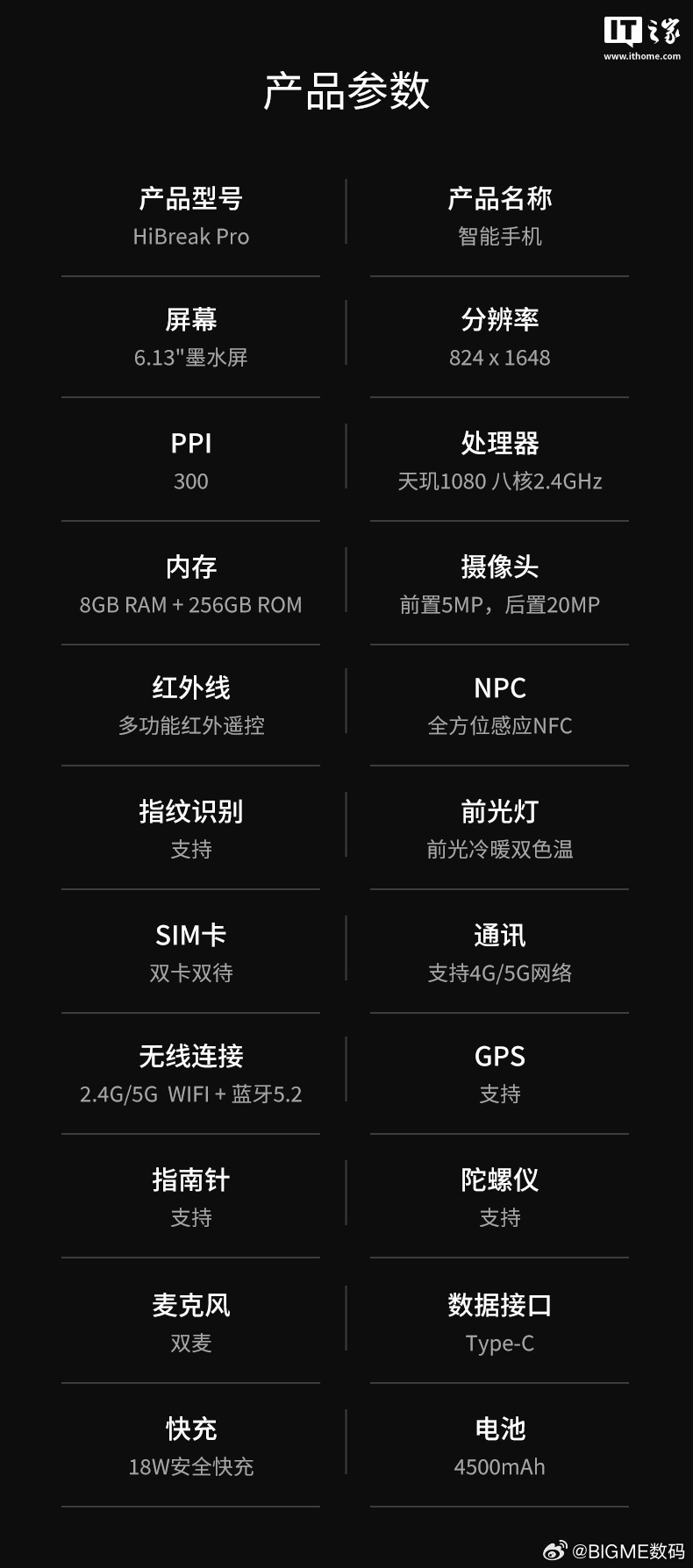 Bigme 大我 HiBreak Pro 墨水屏手机上市：6.13 英寸 300PPI 面板、天玑 1080，3199 元