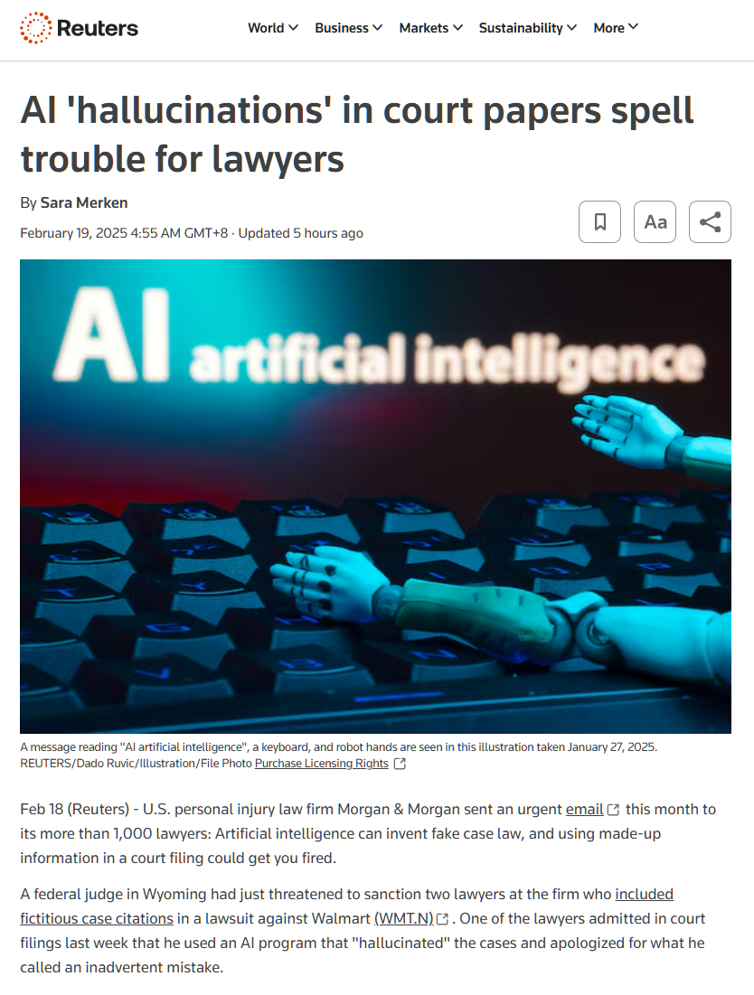 法律行业“AI 幻觉”加剧，美多名律师因引用虚假内容而遭处分
