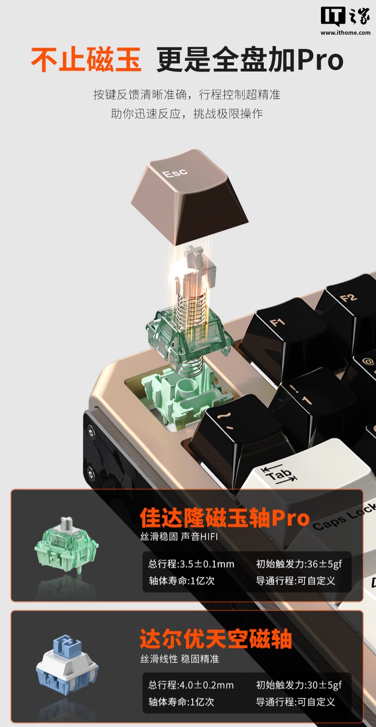 达尔优推出新款 A75HE 沙漠金 / 陶瓷白键盘：搭天空磁轴 / 磁玉轴 Pro、升级 0.01mm 精度工艺，824 元起