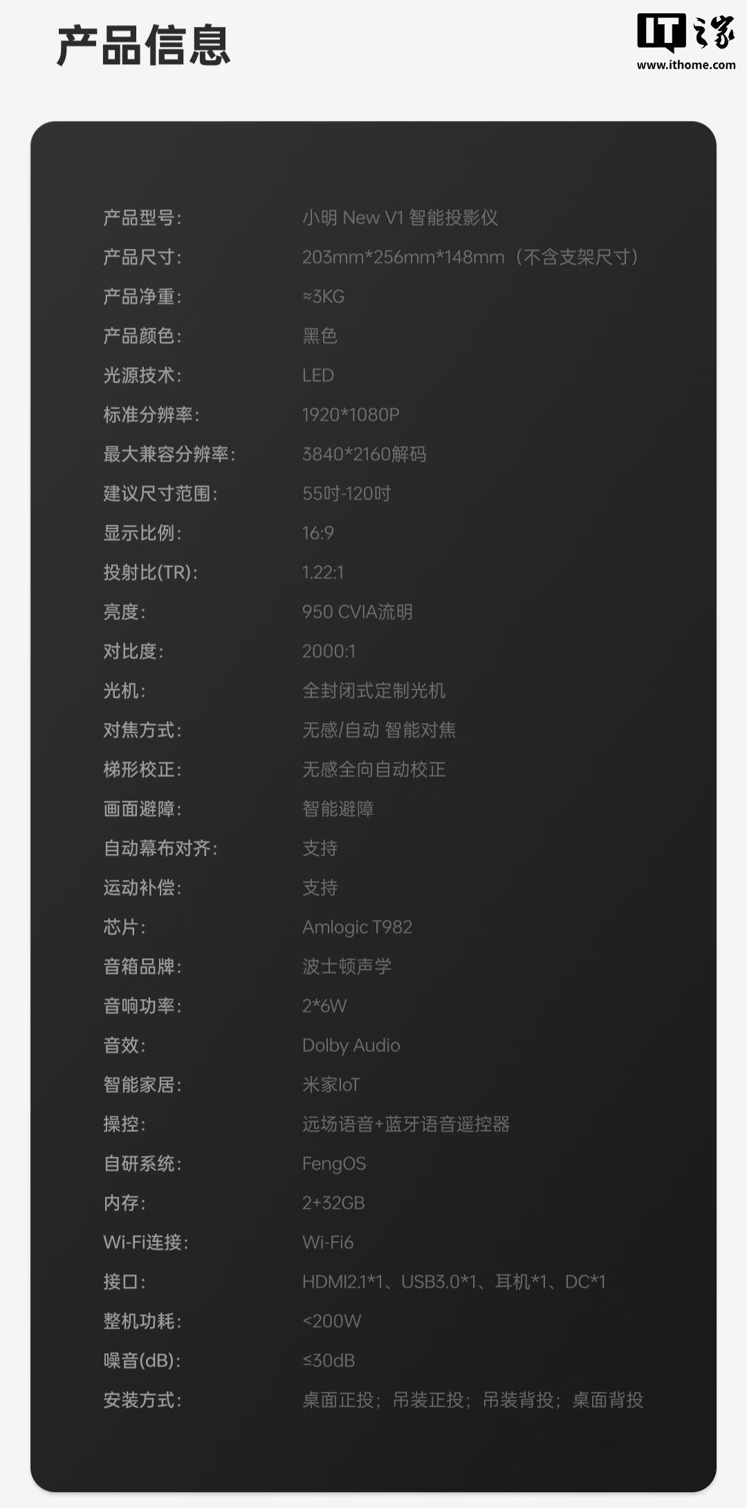 小明 New V1 智能投影仪 1999 元首销：950 CVIA 亮度、接入米家 App