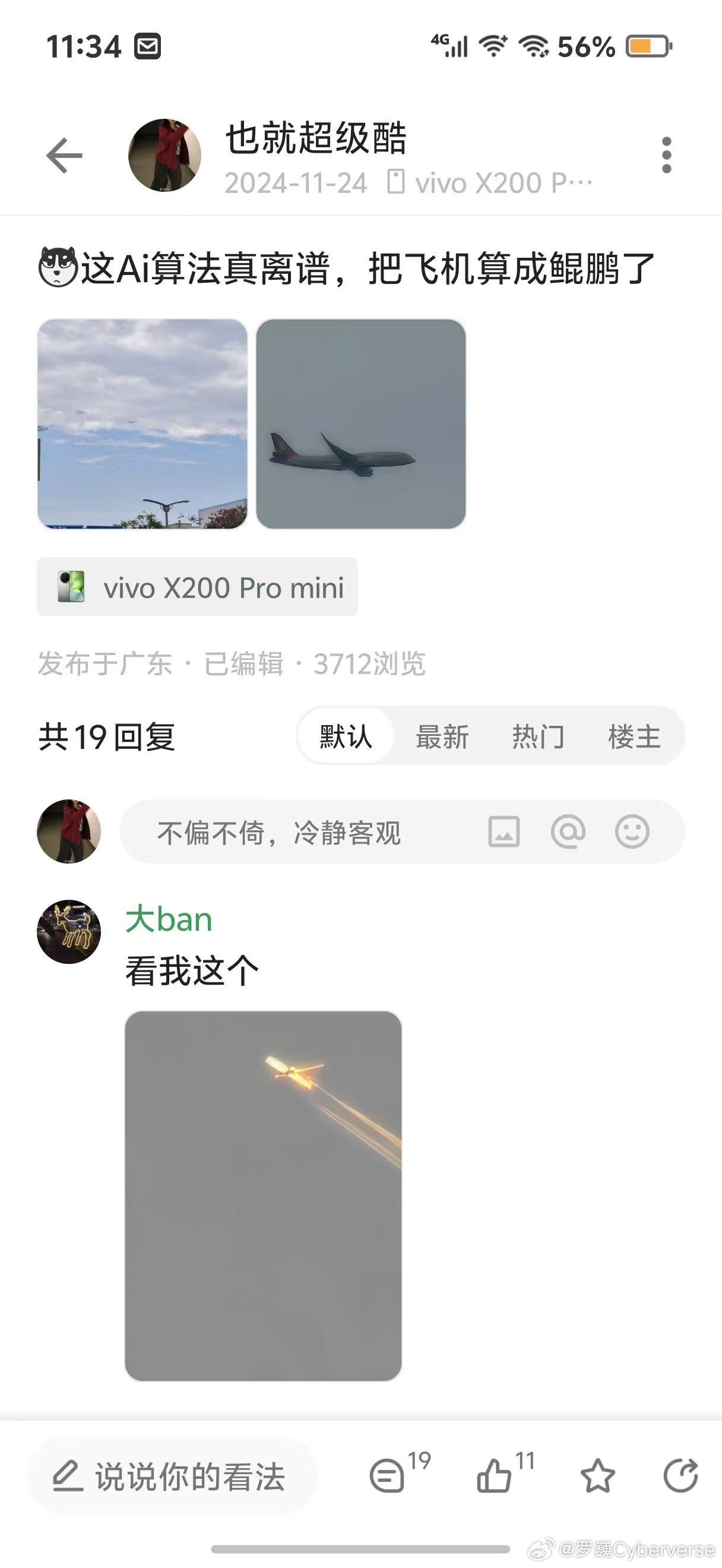荣耀罗巍回应网友把飞机拍成鲲鹏：算法复现不出来，法务已启动