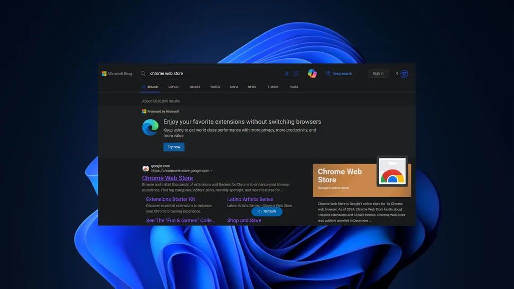 微软“围堵”谷歌浏览器：Bing 搜索“Chrome Web Store”跳推荐 Edge 横幅