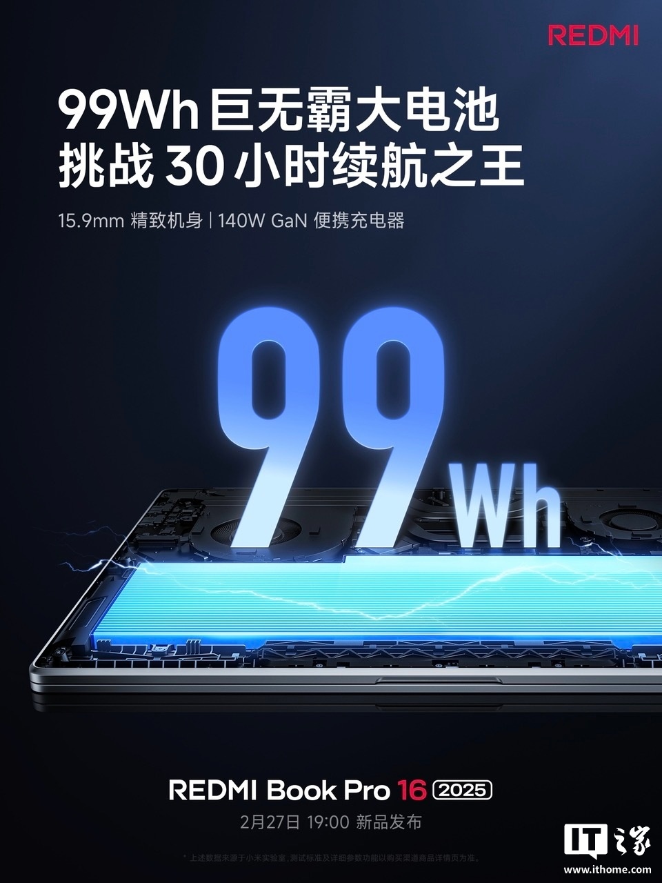小米 REDMI Book Pro 2025 笔记本内置 99Wh 电池、配 140W GaN 充电器