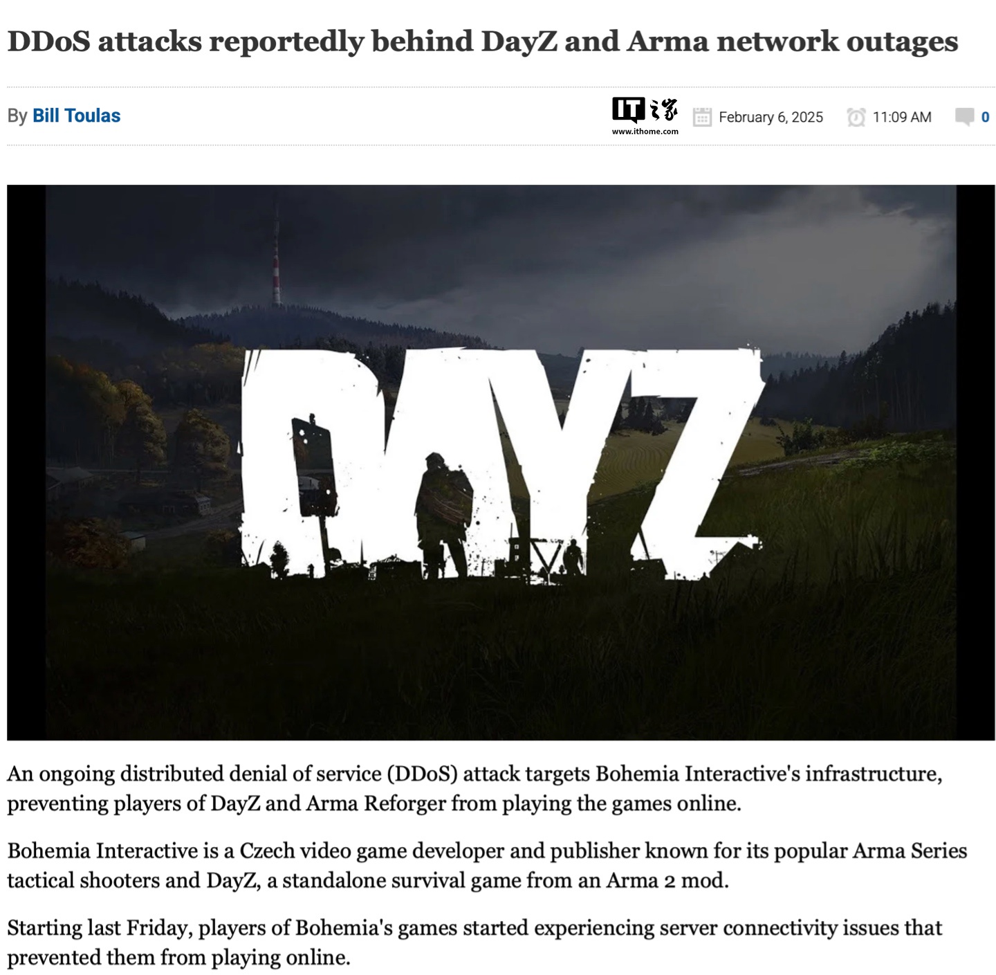 开发商波西米亚互动遭黑客 DDoS 攻击，旗下《武装突袭》《DayZ》游戏服务器网络中断