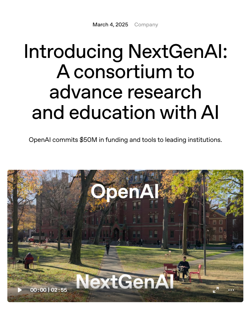 OpenAI 携手十余所顶尖大学启动 NextGenAI 联盟，豪掷 5000 万美元推动教育变革