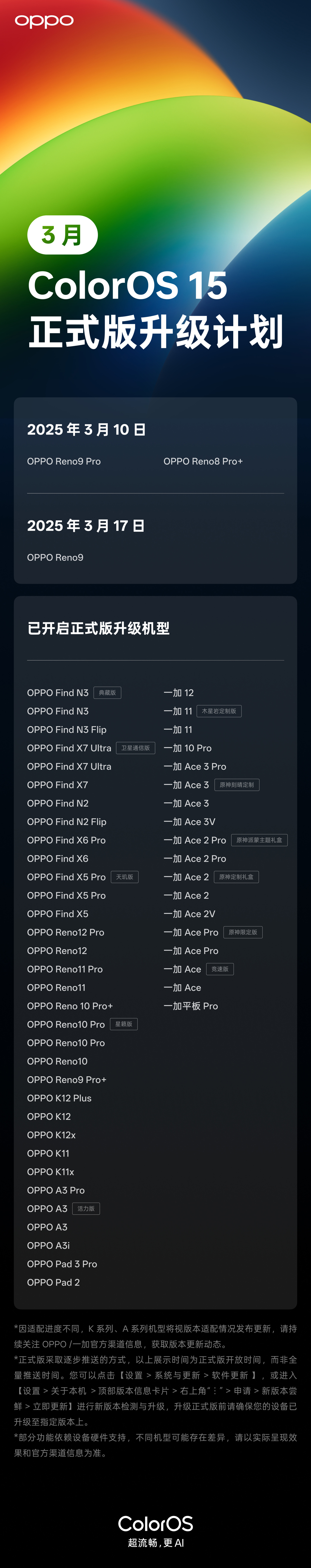 最后一批机型，OPPO ColorOS 15 正式版 3 月升级计划公布