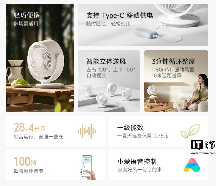 小米米家直流变频台式循环扇上市：Type-C 接口、100 挡风速调节，售 299 元